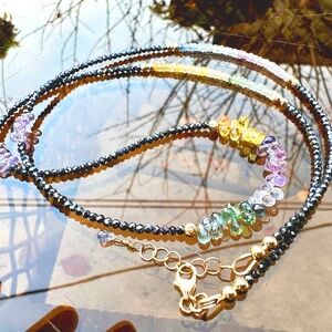 Handmade Natural Sapphire, Black Diamond Necklace Wrap Bracelet Solid 14k Gold